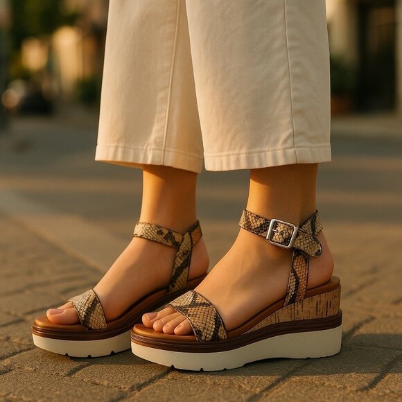 A New Day Brown Snake Print Leather Wedge Sandals With Adjustable Ankle Strap - Picture 1 of 6